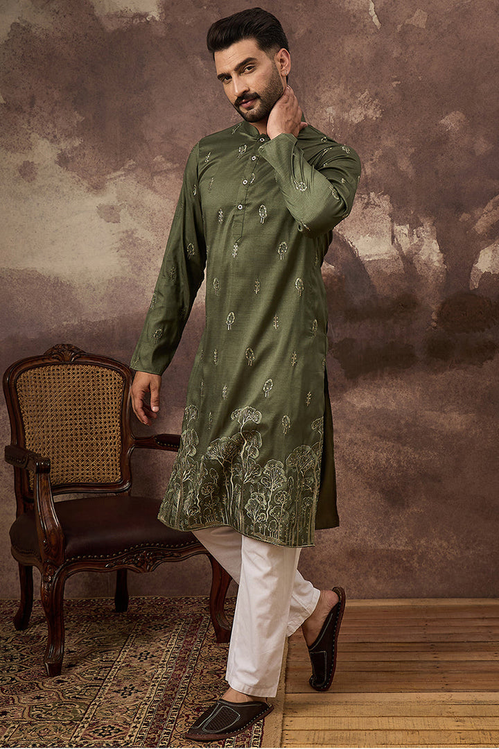 Green Silk Blend Solid Embroidered Straight Kurta and Trouser | SHOBITAM