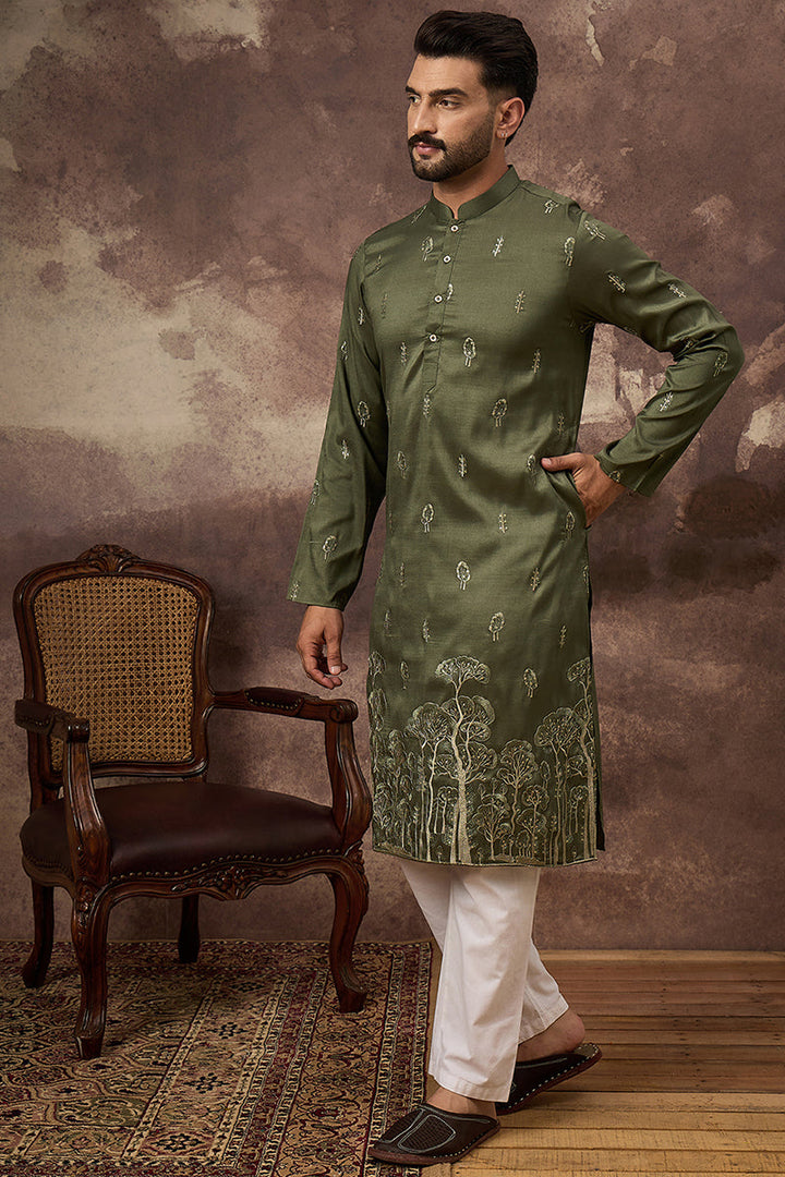 Green Silk Blend Solid Embroidered Straight Kurta and Trouser | SHOBITAM