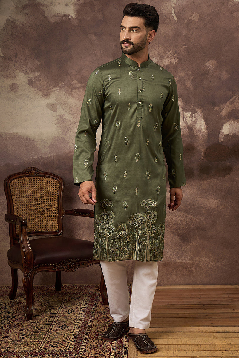 Green Silk Blend Solid Embroidered Straight Kurta and Trouser | SHOBITAM