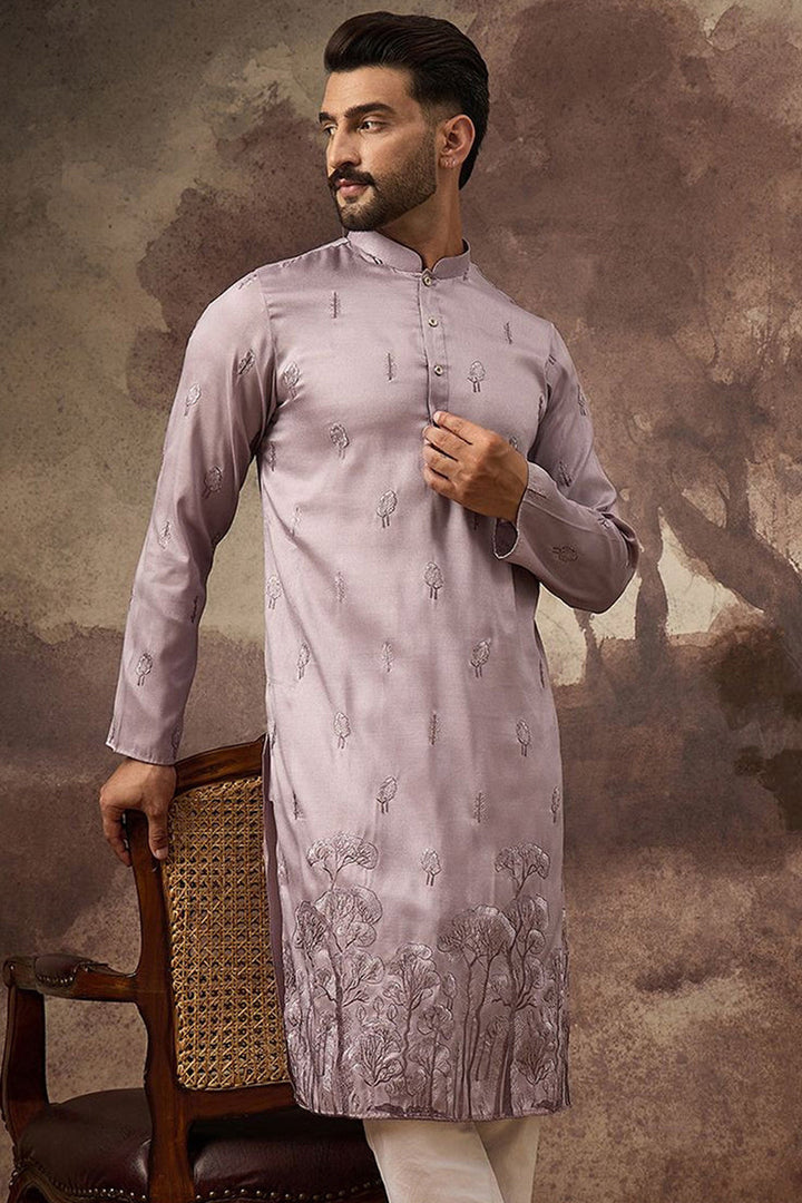 Lavender Silk Blend Solid Embroidered Straight Kurta and Trouser | SHOBITAM