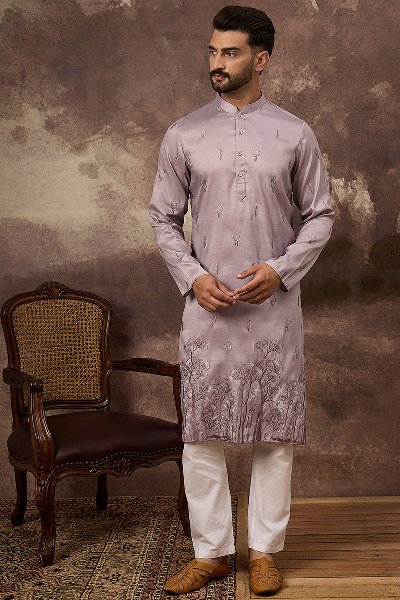 Lavender Silk Blend Solid Embroidered Straight Kurta and Trouser | SHOBITAM