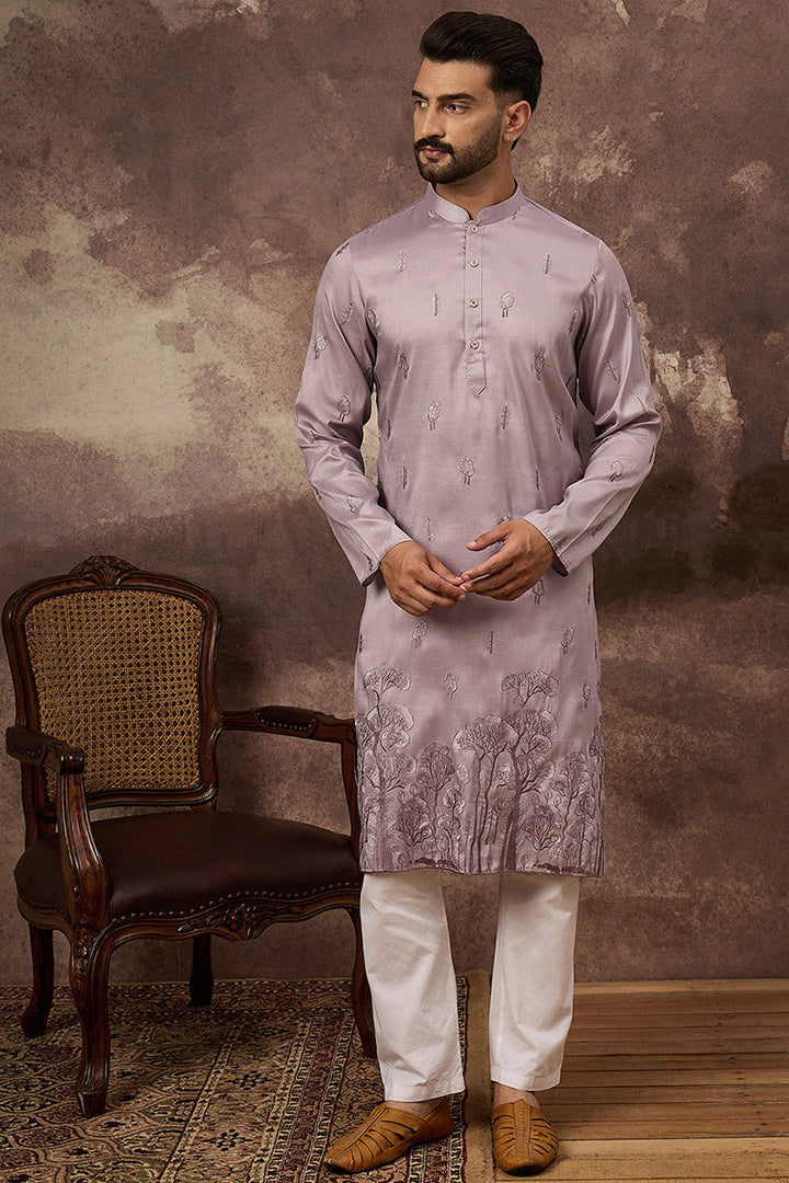 Lavender Silk Blend Solid Embroidered Straight Kurta and Trouser | SHOBITAM