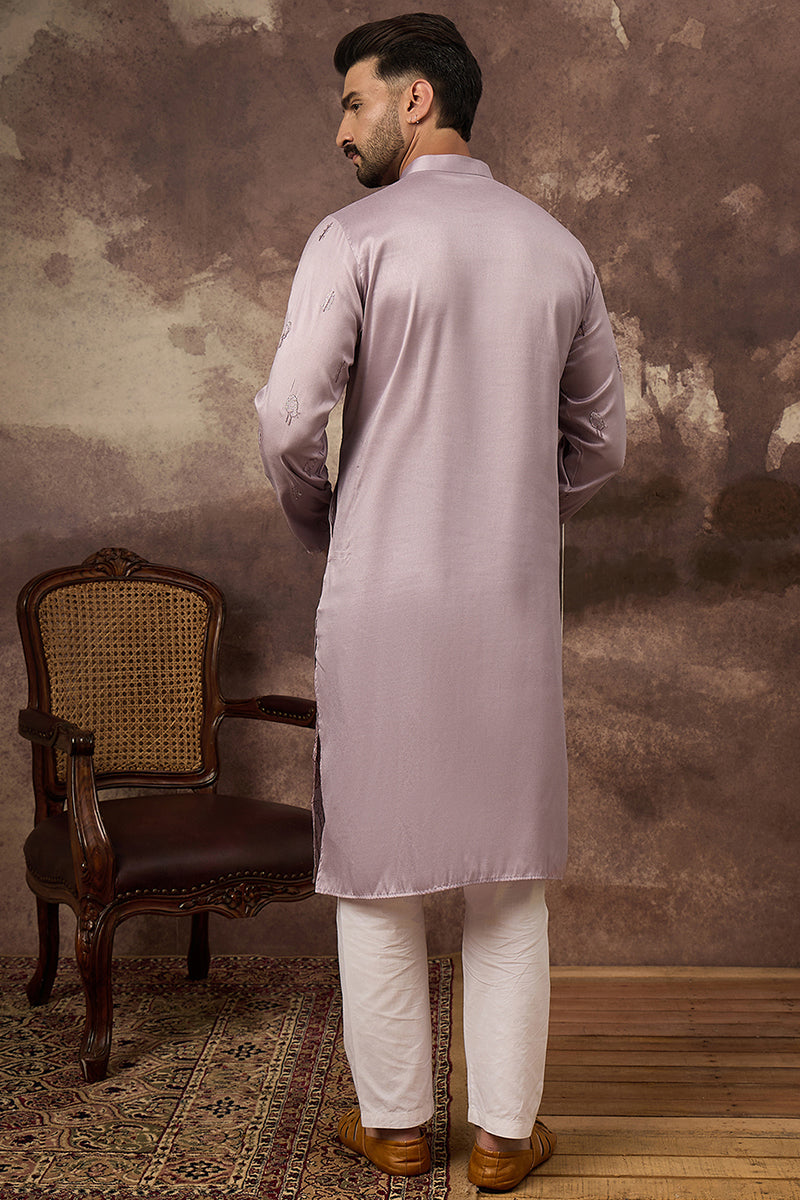 Lavender Silk Blend Solid Embroidered Straight Kurta and Trouser | SHOBITAM