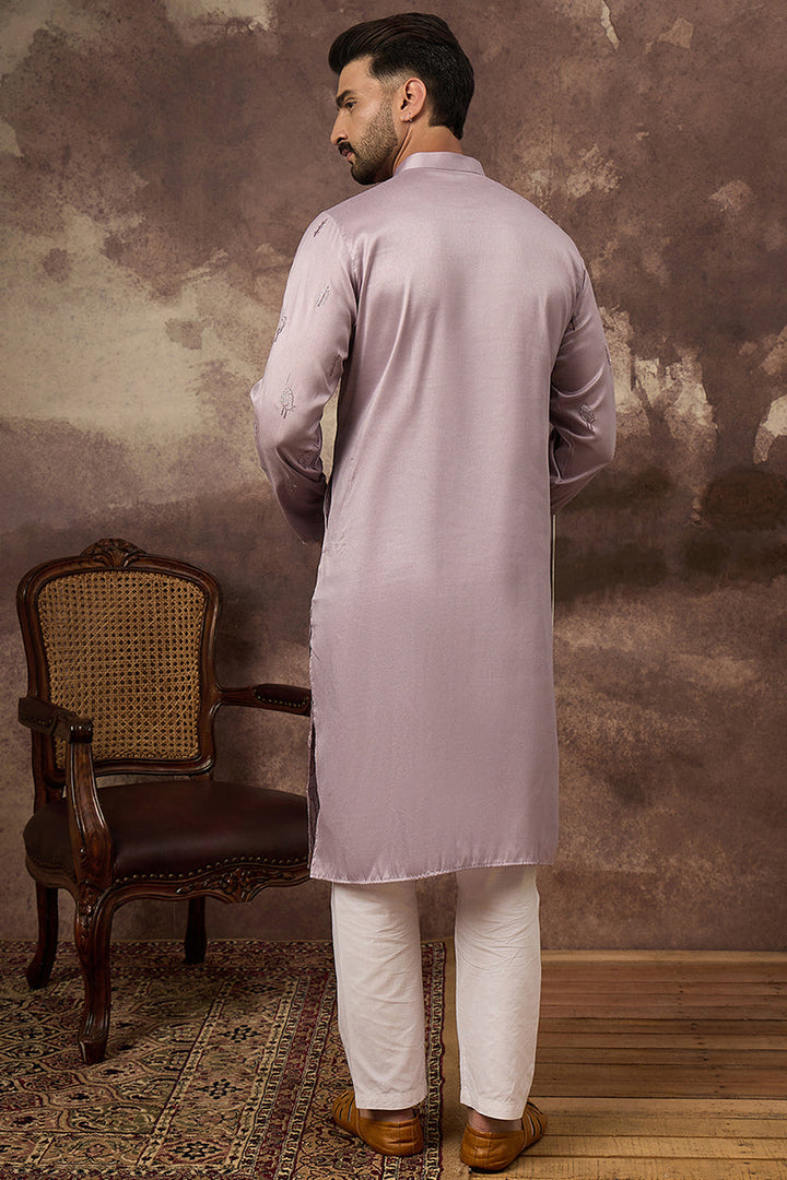 Lavender Silk Blend Solid Embroidered Straight Kurta and Trouser | SHOBITAM