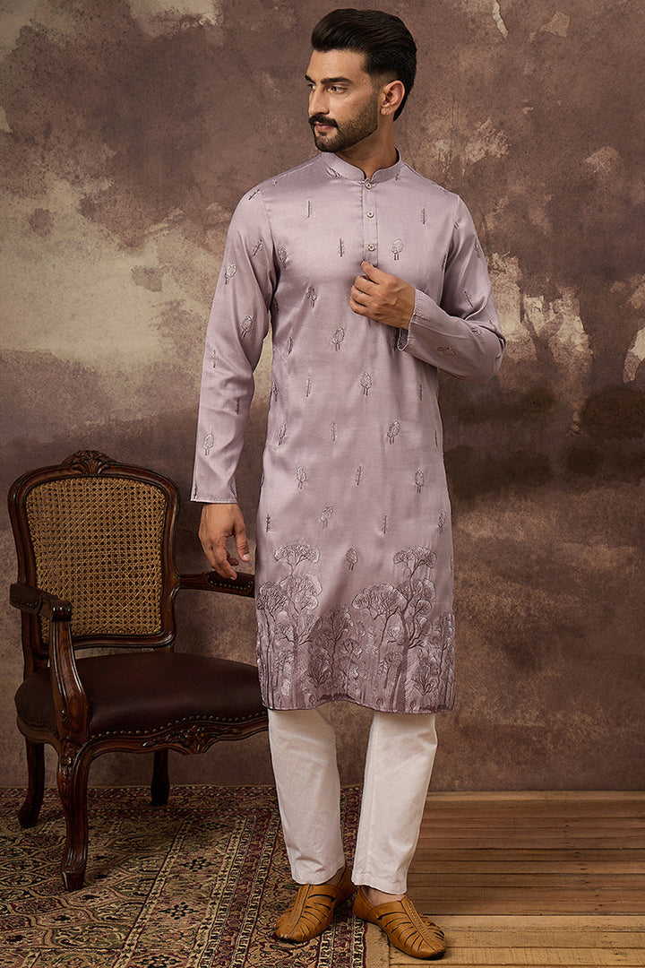 Lavender Silk Blend Solid Embroidered Straight Kurta and Trouser | SHOBITAM