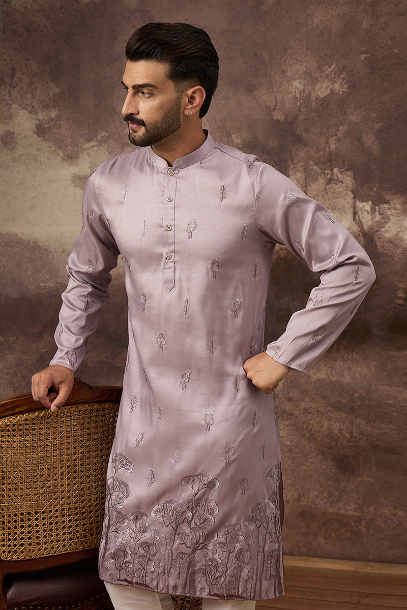 Lavender Silk Blend Solid Embroidered Straight Kurta and Trouser | SHOBITAM