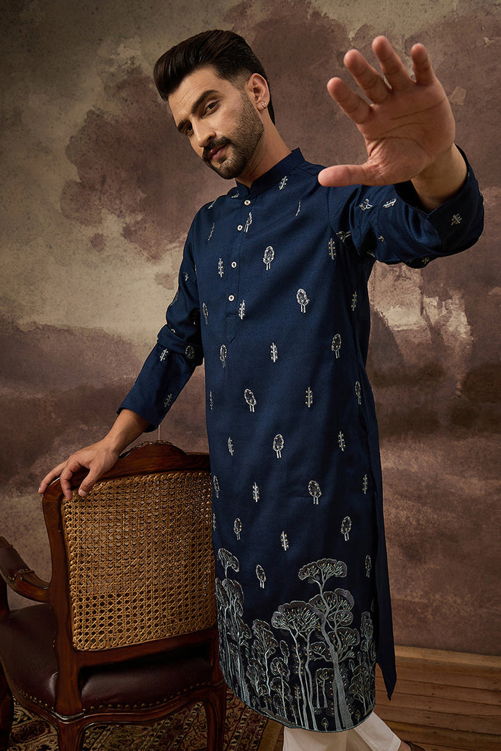 Navy Blue Silk Blend Solid Embroidered Straight Kurta and Trouser | SHOBITAM