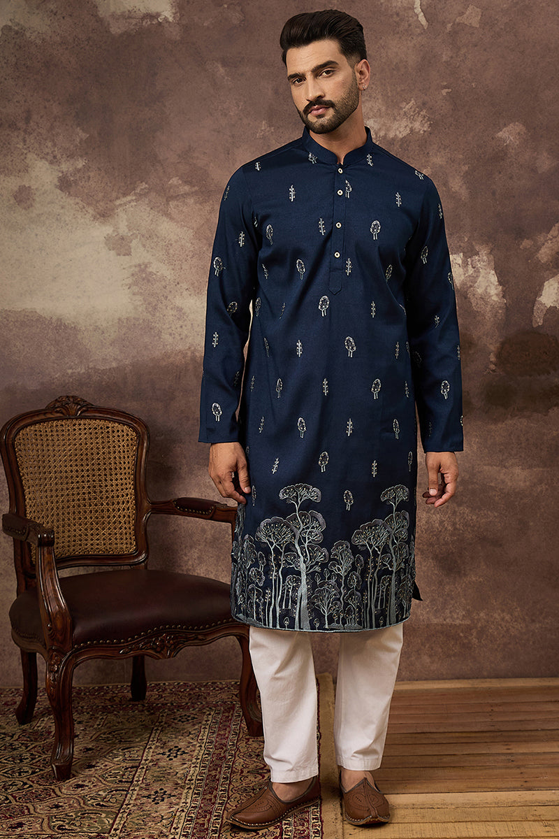Navy Blue Silk Blend Solid Embroidered Straight Kurta and Trouser | SHOBITAM