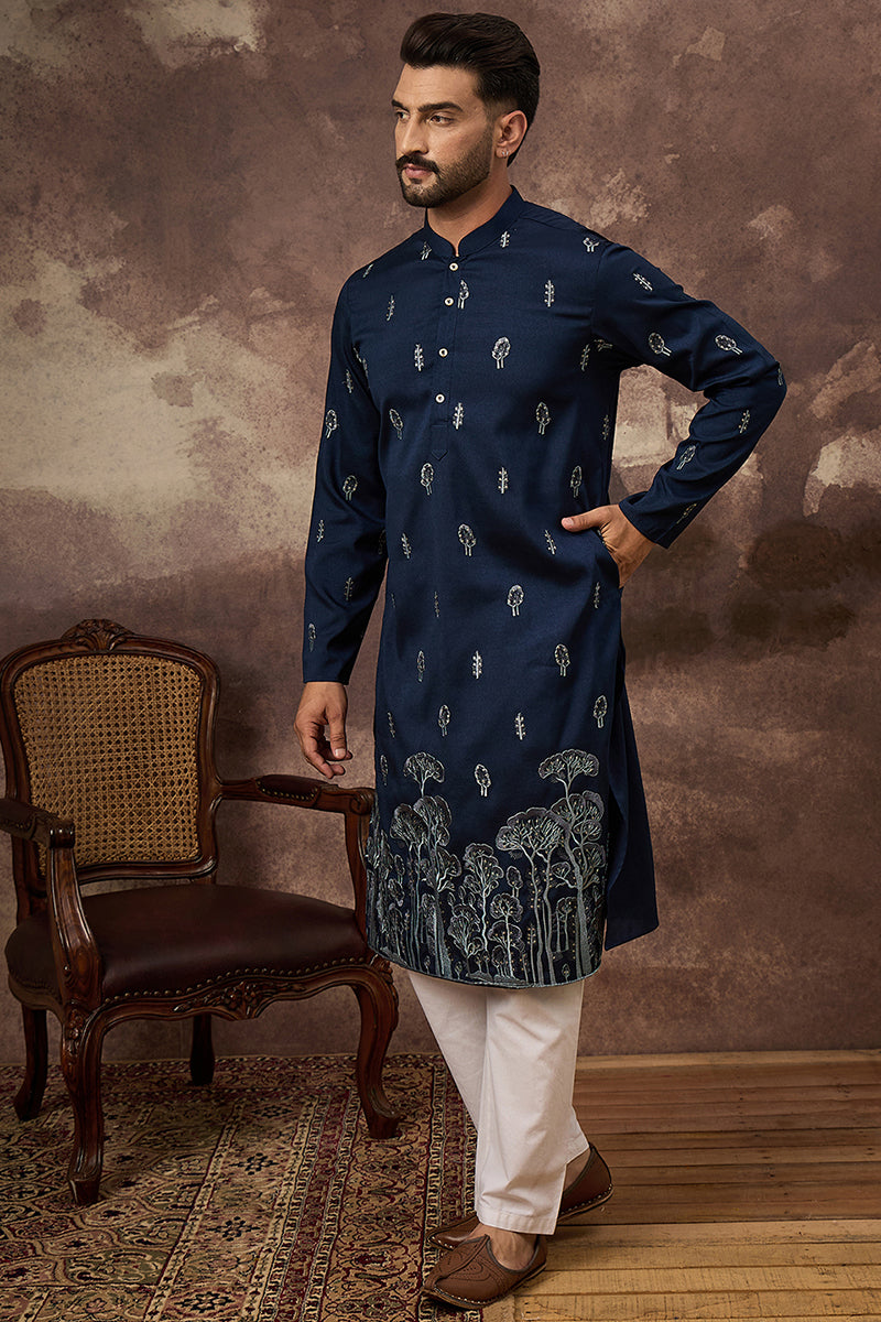 Navy Blue Silk Blend Solid Embroidered Straight Kurta and Trouser | SHOBITAM
