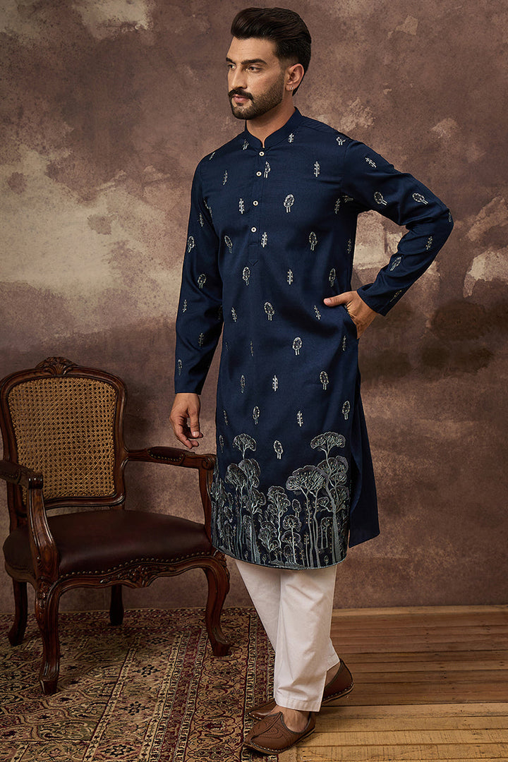 Navy Blue Silk Blend Solid Embroidered Straight Kurta and Trouser | SHOBITAM