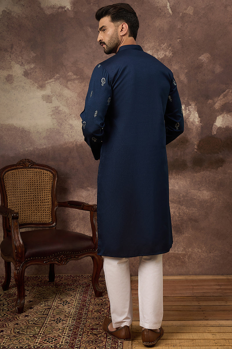 Navy Blue Silk Blend Solid Embroidered Straight Kurta and Trouser | SHOBITAM