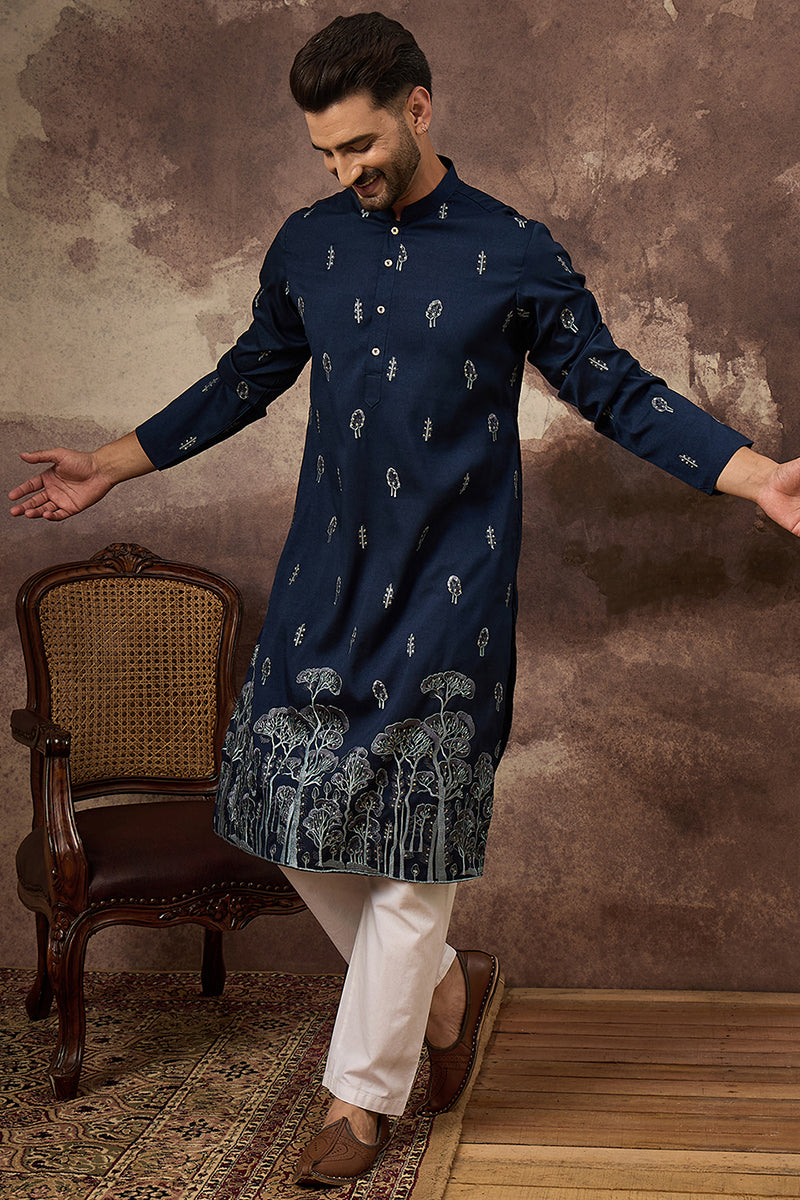 Navy Blue Silk Blend Solid Embroidered Straight Kurta and Trouser | SHOBITAM