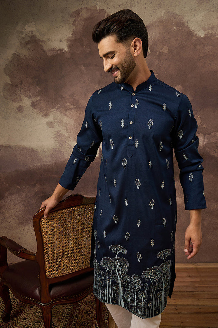 Navy Blue Silk Blend Solid Embroidered Straight Kurta and Trouser | SHOBITAM