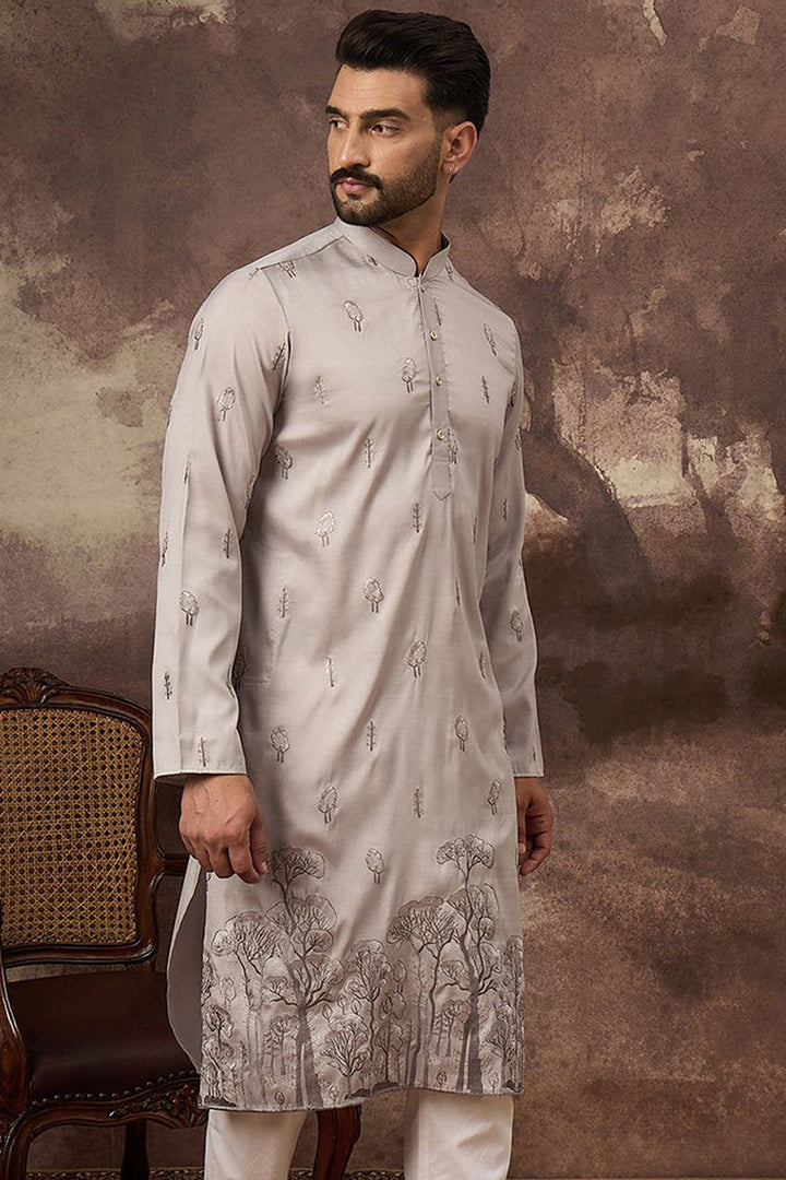 Grey Silk Blend Solid Embroidered Straight Kurta and Trouser | SHOBITAM