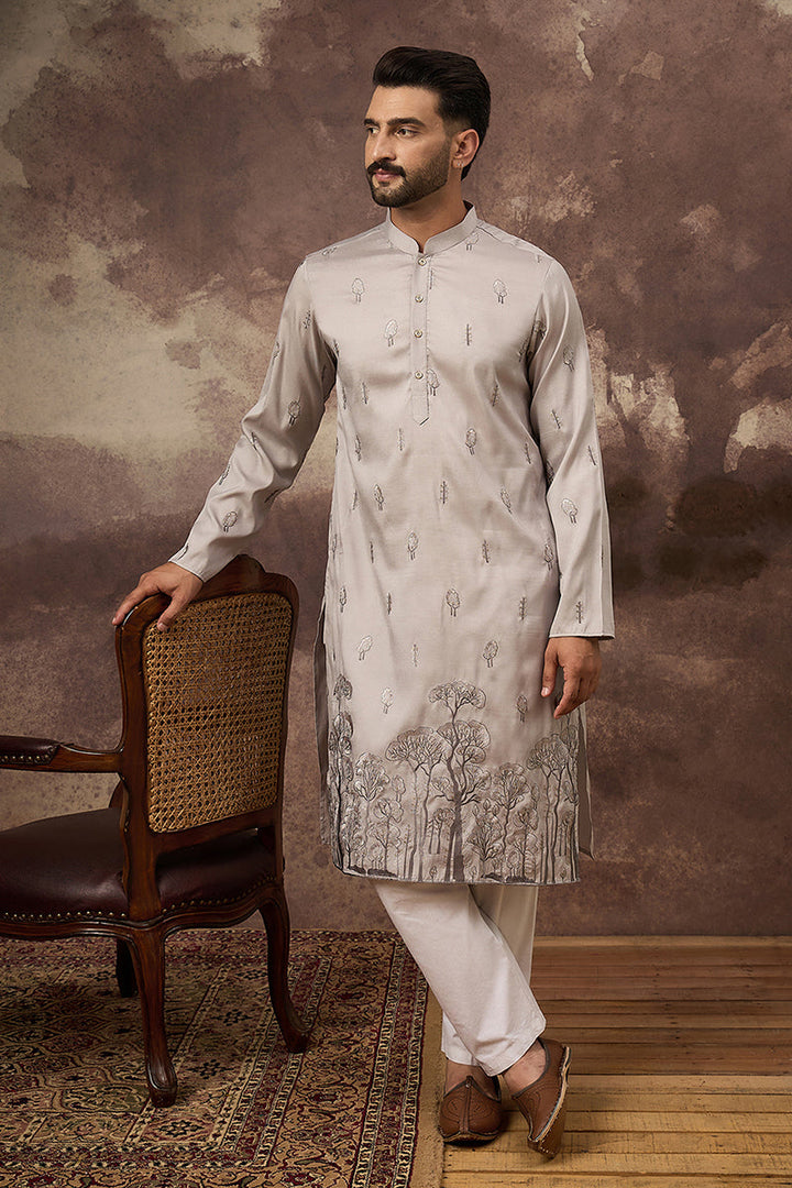 Grey Silk Blend Solid Embroidered Straight Kurta and Trouser | SHOBITAM