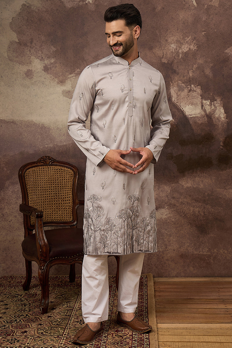 Grey Silk Blend Solid Embroidered Straight Kurta and Trouser | SHOBITAM