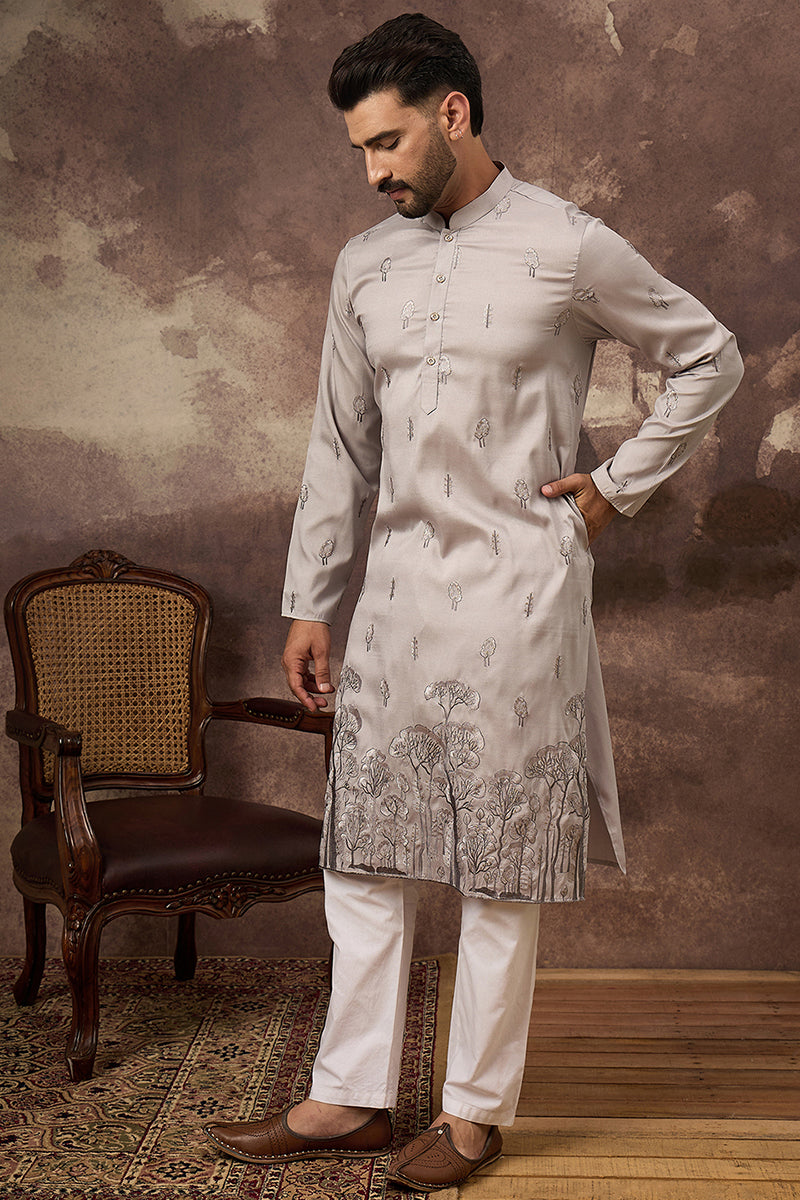 Grey Silk Blend Solid Embroidered Straight Kurta and Trouser | SHOBITAM