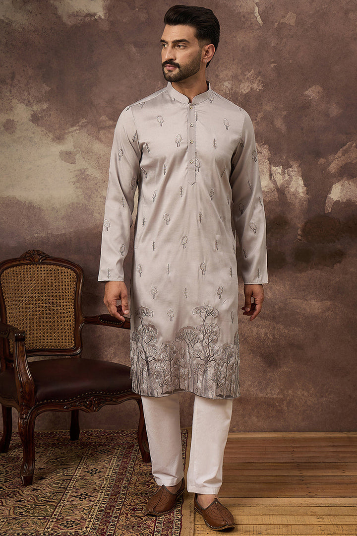 Grey Silk Blend Solid Embroidered Straight Kurta and Trouser | SHOBITAM