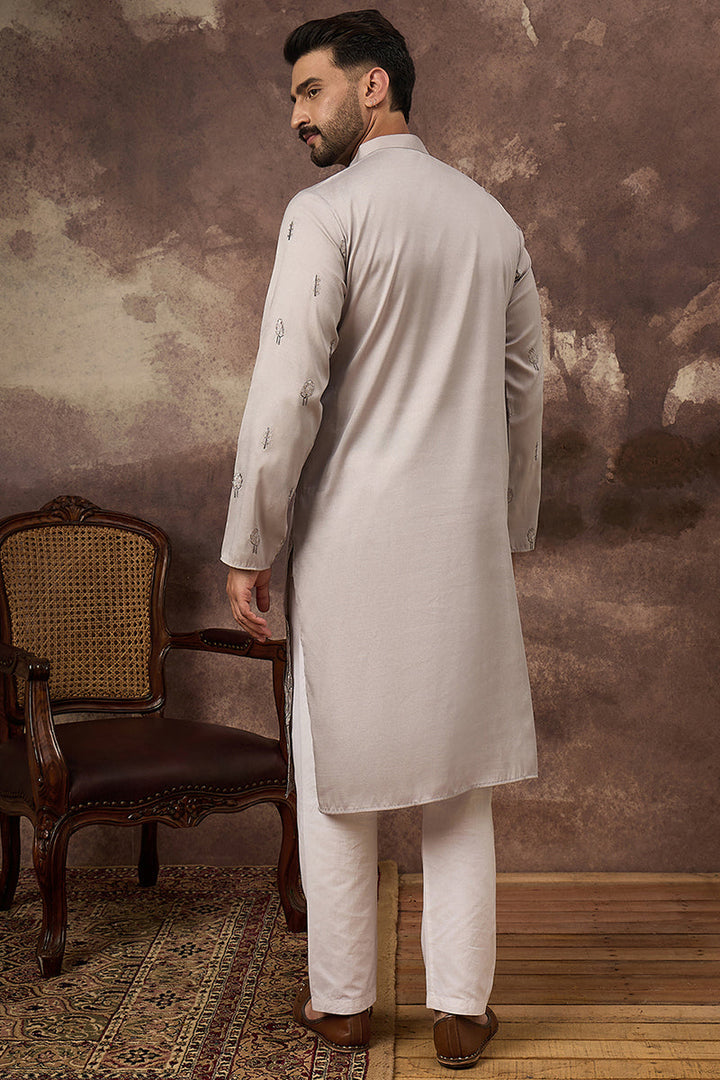 Grey Silk Blend Solid Embroidered Straight Kurta and Trouser | SHOBITAM