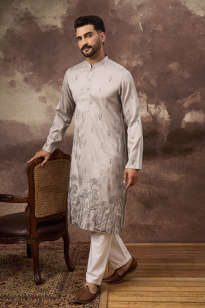 Grey Silk Blend Solid Embroidered Straight Kurta and Trouser | SHOBITAM