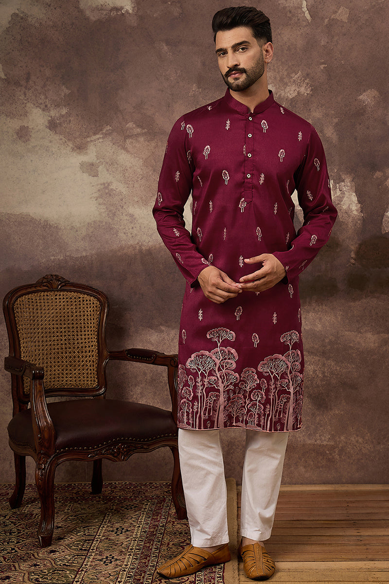 Maroon Silk Blend Solid Embroidered Straight Kurta and Trouser | SHOBITAM
