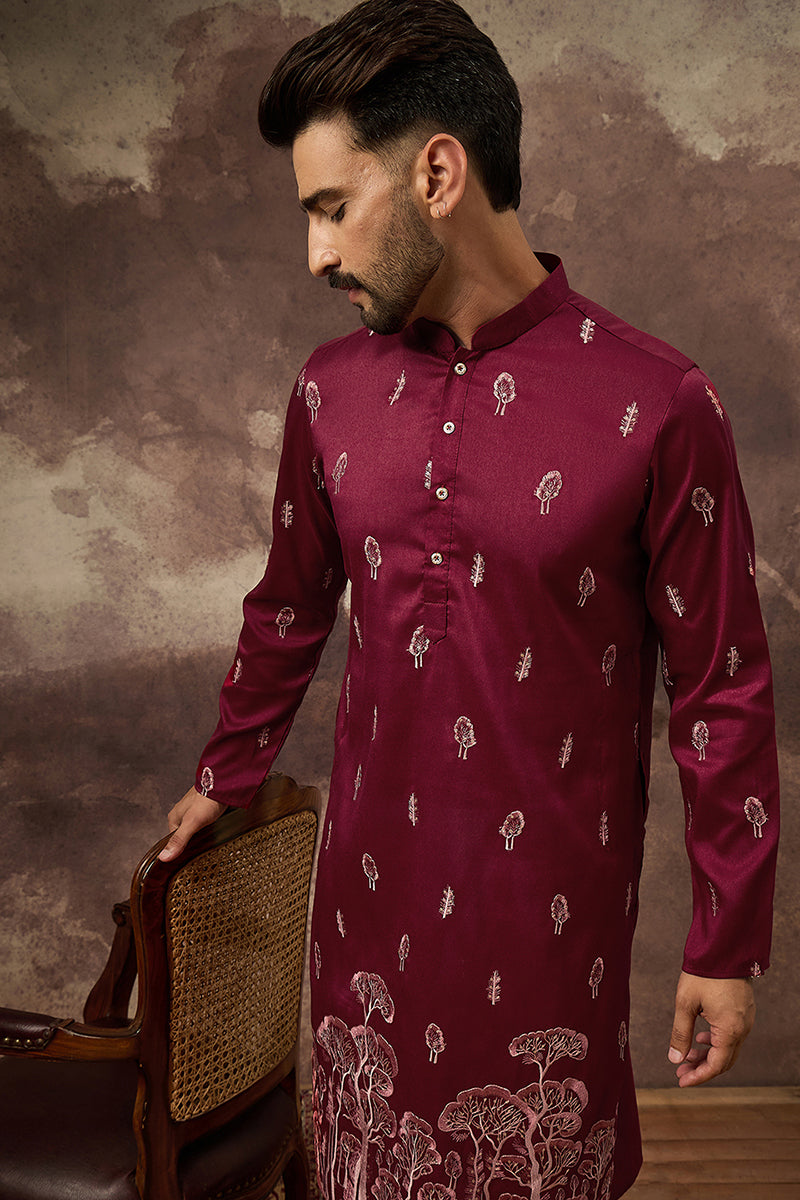 Maroon Silk Blend Solid Embroidered Straight Kurta and Trouser | SHOBITAM