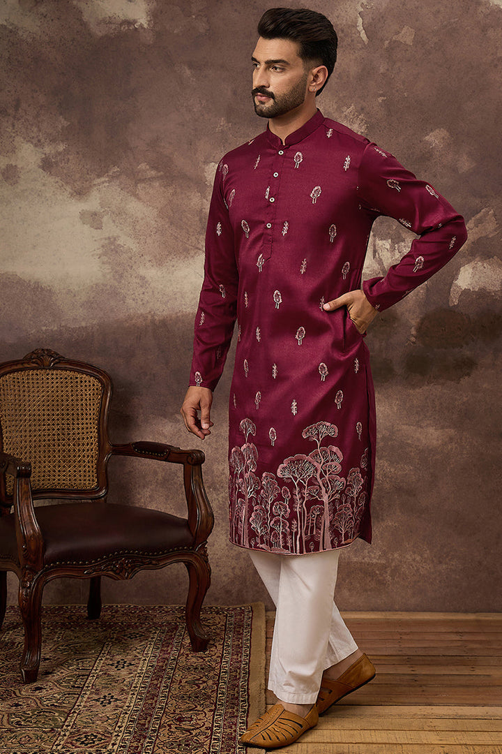 Maroon Silk Blend Solid Embroidered Straight Kurta and Trouser | SHOBITAM