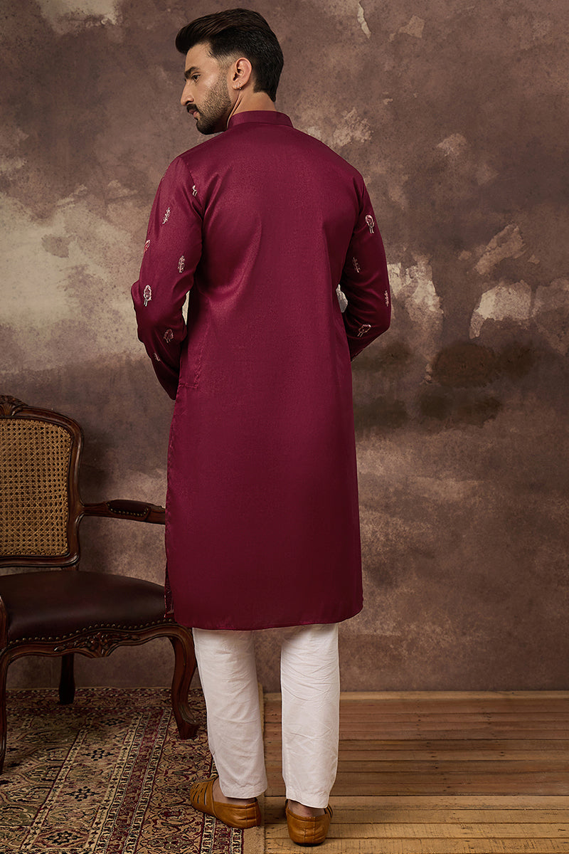 Maroon Silk Blend Solid Embroidered Straight Kurta and Trouser | SHOBITAM