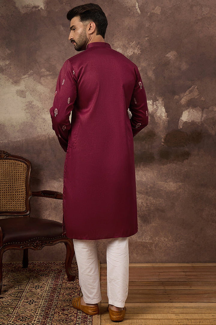 Maroon Silk Blend Solid Embroidered Straight Kurta and Trouser | SHOBITAM