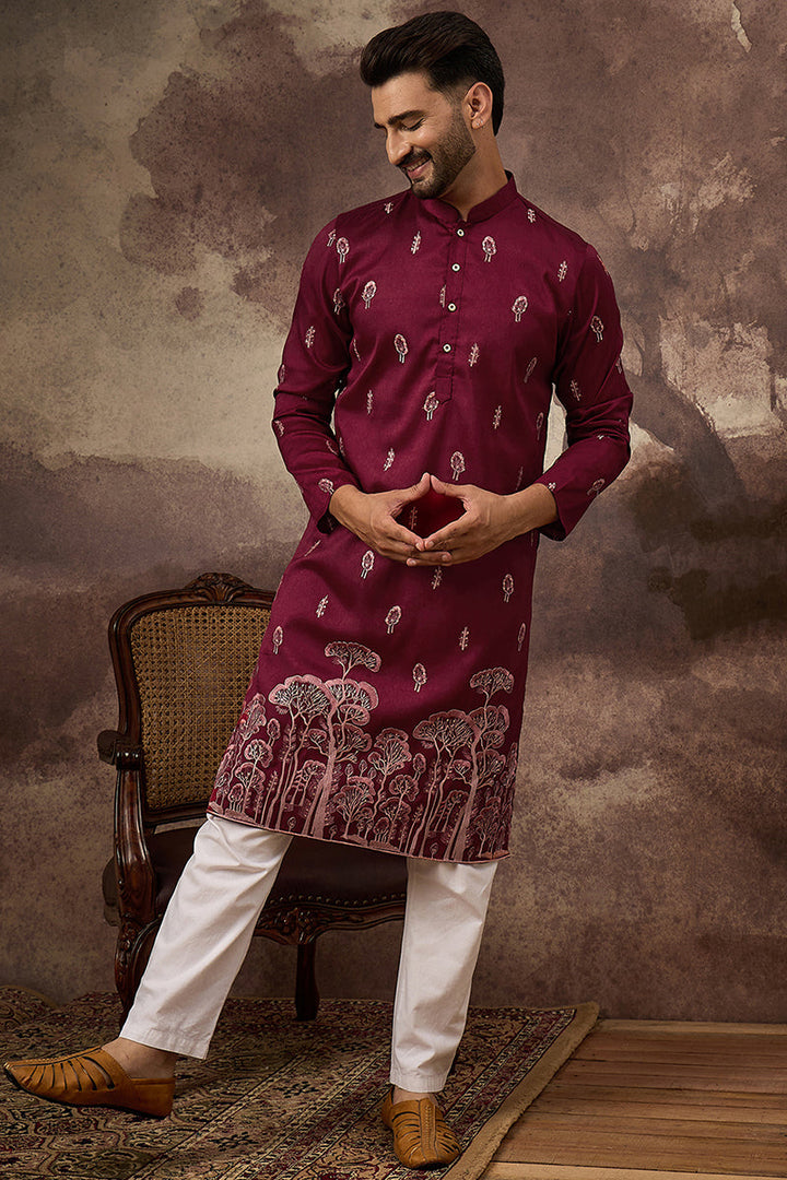 Maroon Silk Blend Solid Embroidered Straight Kurta and Trouser | SHOBITAM