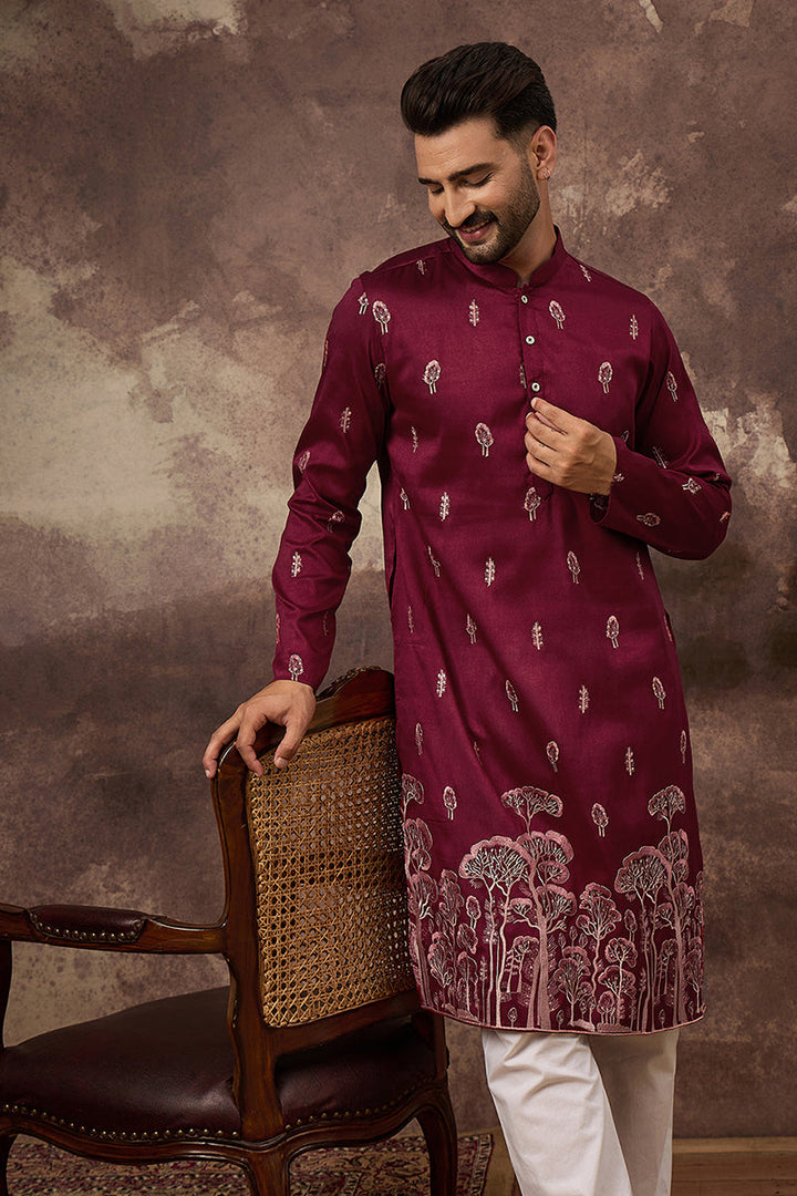Maroon Silk Blend Solid Embroidered Straight Kurta and Trouser | SHOBITAM