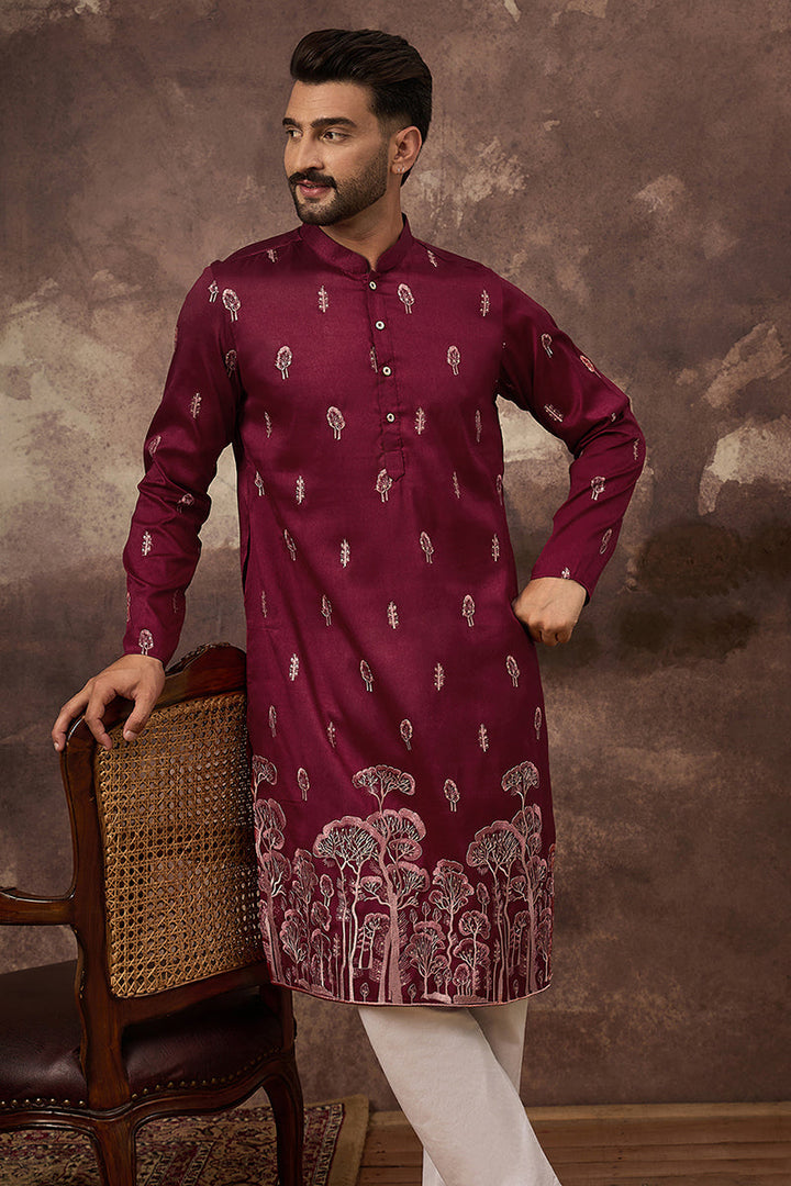 Maroon Silk Blend Solid Embroidered Straight Kurta and Trouser | SHOBITAM