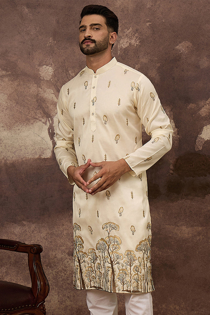 White Silk Blend Solid Embroidered Straight Kurta and Trouser | SHOBITAM