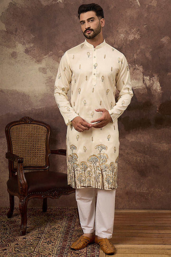 White Silk Blend Solid Embroidered Straight Kurta and Trouser | SHOBITAM