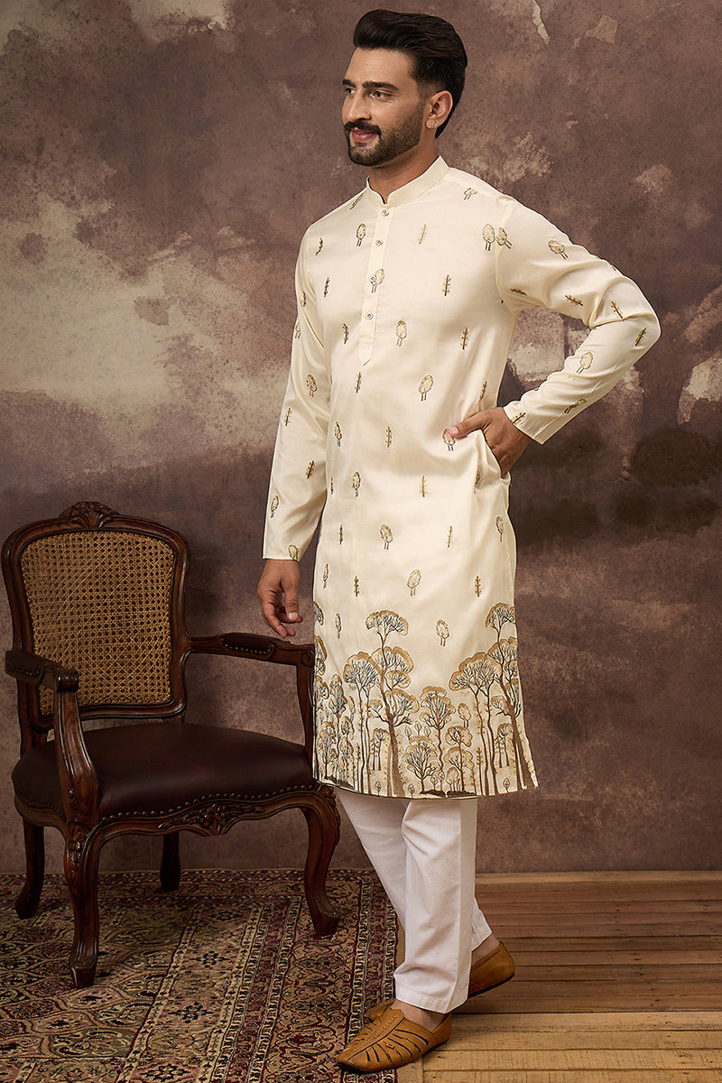 White Silk Blend Solid Embroidered Straight Kurta and Trouser | SHOBITAM
