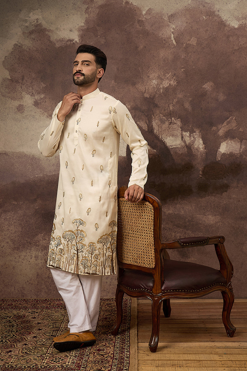 White Silk Blend Solid Embroidered Straight Kurta and Trouser | SHOBITAM