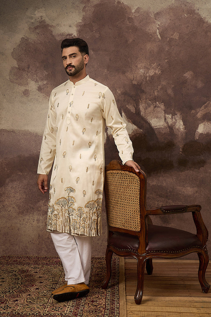 White Silk Blend Solid Embroidered Straight Kurta and Trouser | SHOBITAM