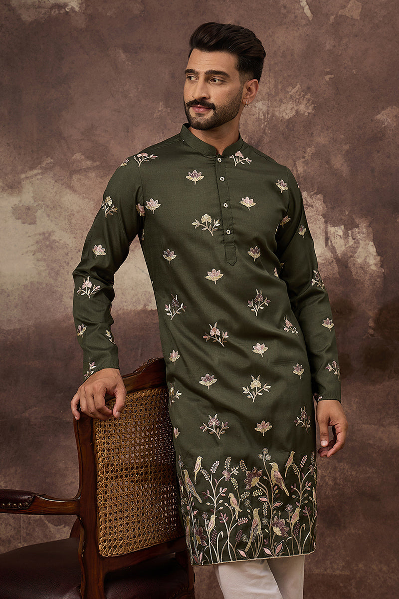 Green Silk Blend Solid Embroidered Straight Kurta and Trouser | SHOBITAM