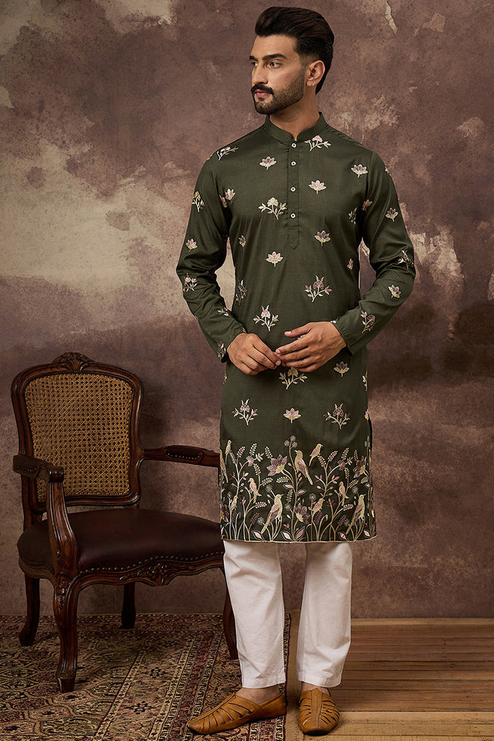 Green Silk Blend Solid Embroidered Straight Kurta and Trouser | SHOBITAM