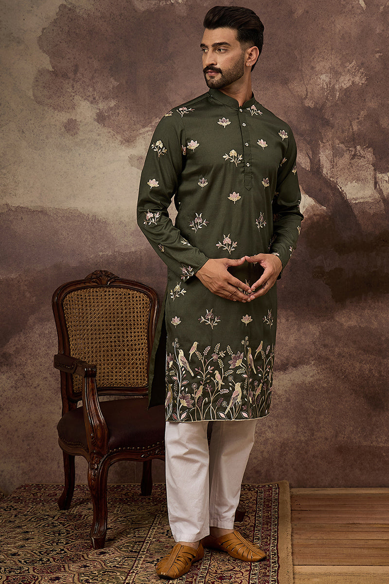 Green Silk Blend Solid Embroidered Straight Kurta and Trouser | SHOBITAM