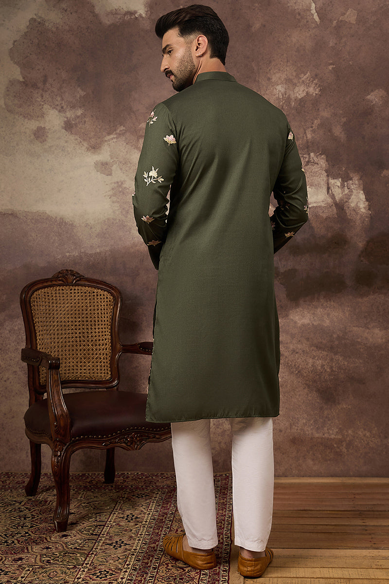 Green Silk Blend Solid Embroidered Straight Kurta and Trouser | SHOBITAM