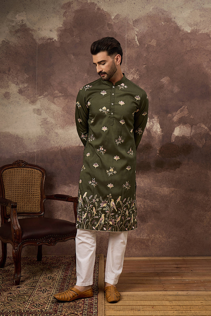 Green Silk Blend Solid Embroidered Straight Kurta and Trouser | SHOBITAM