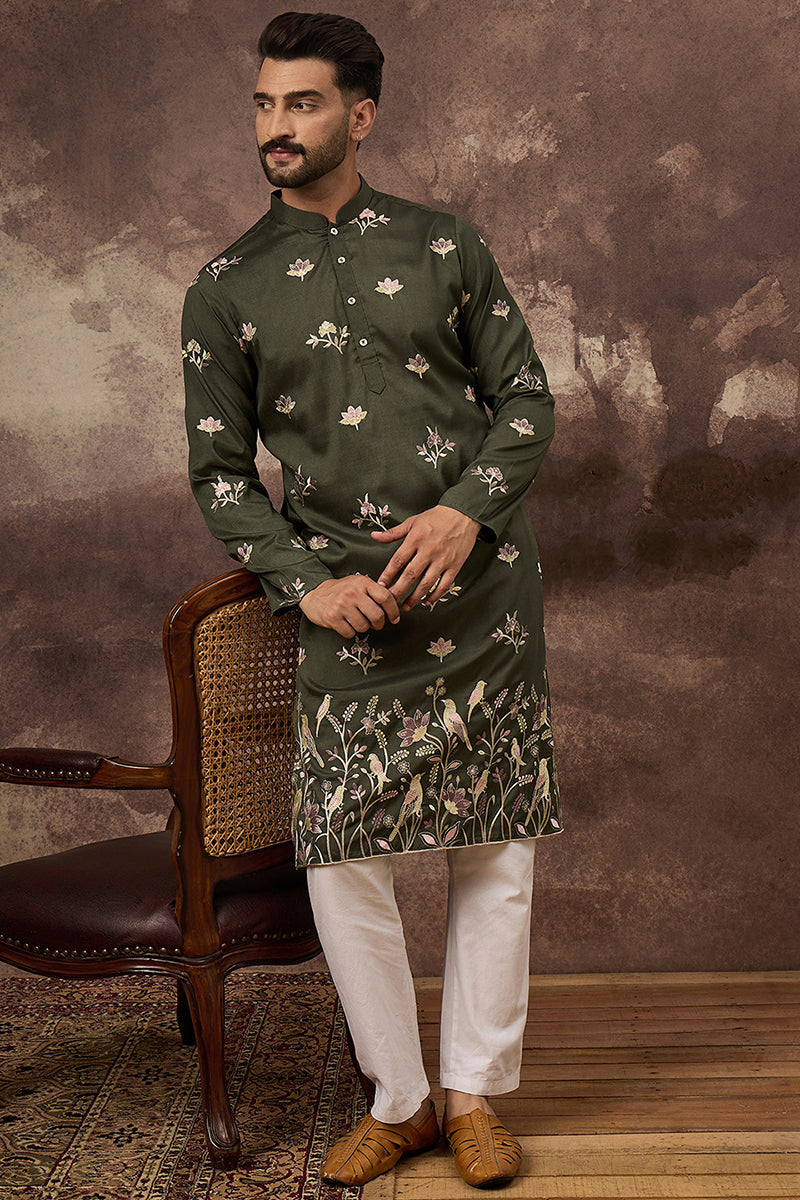 Green Silk Blend Solid Embroidered Straight Kurta and Trouser | SHOBITAM