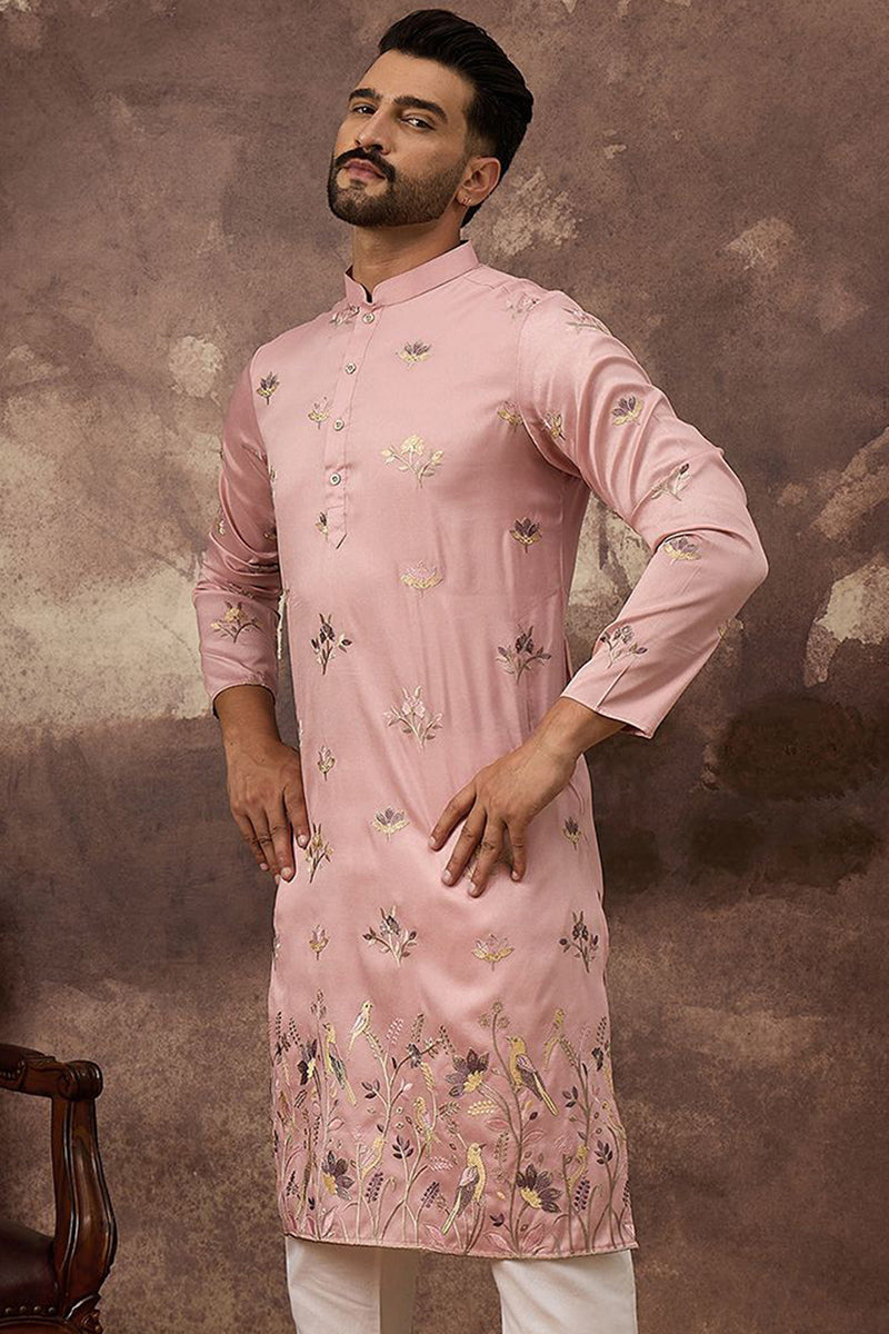 Peach Silk Blend Solid Embroidered Straight Kurta and Trouser | SHOBITAM
