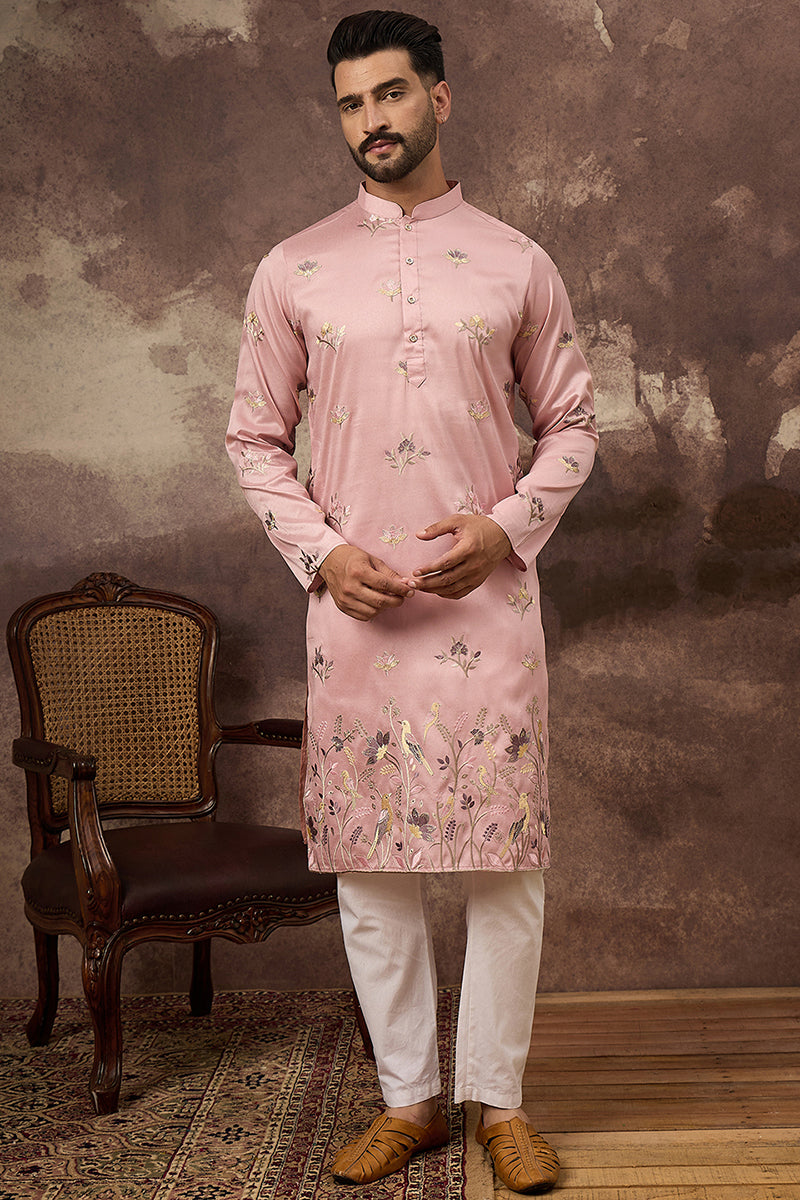Peach Silk Blend Solid Embroidered Straight Kurta and Trouser | SHOBITAM