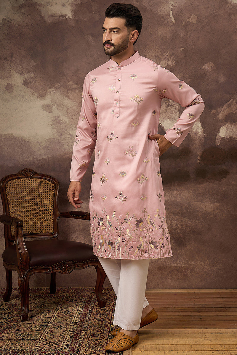 Peach Silk Blend Solid Embroidered Straight Kurta and Trouser | SHOBITAM