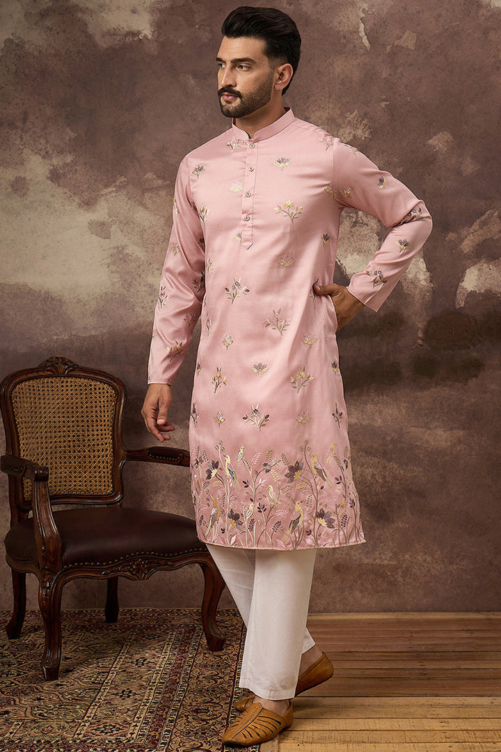 Peach Silk Blend Solid Embroidered Straight Kurta and Trouser | SHOBITAM