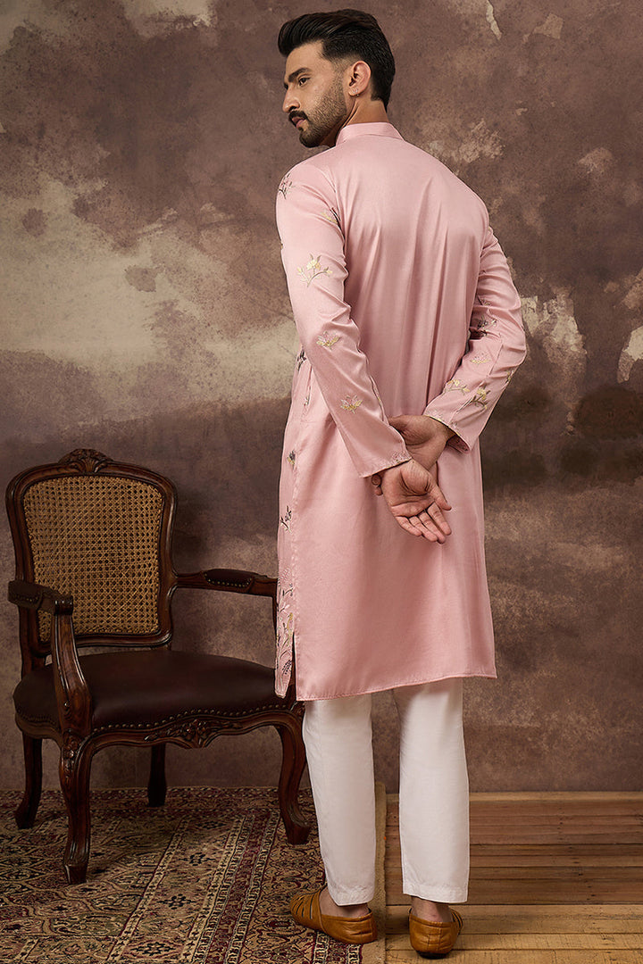 Peach Silk Blend Solid Embroidered Straight Kurta and Trouser | SHOBITAM