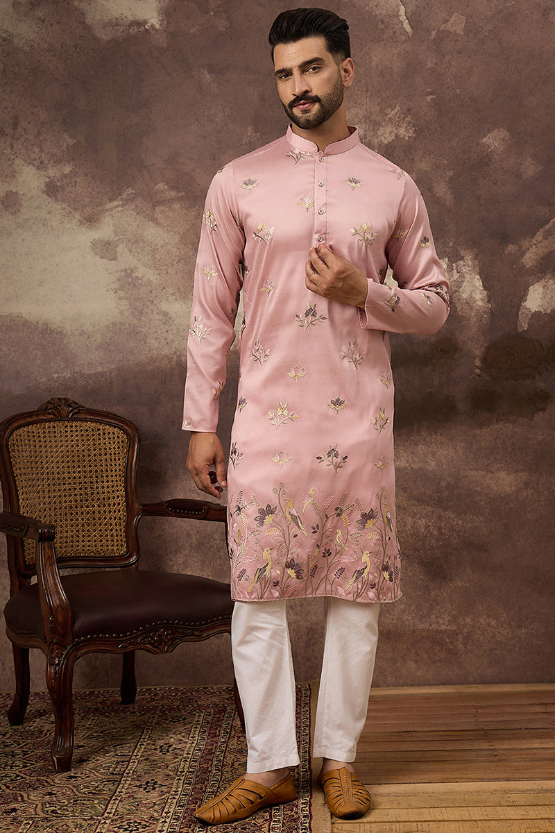 Peach Silk Blend Solid Embroidered Straight Kurta and Trouser | SHOBITAM