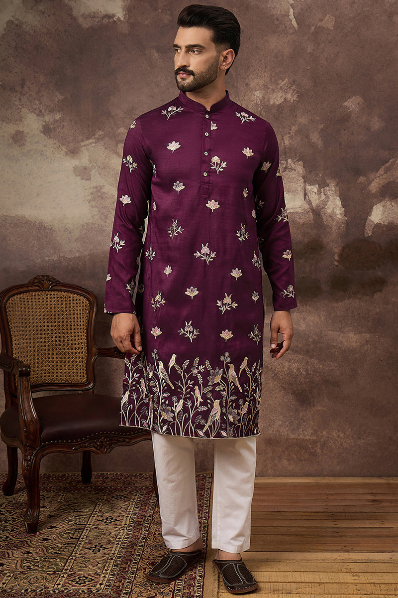 Purple Silk Blend Solid Embroidered Straight Kurta and Trouser | SHOBITAM
